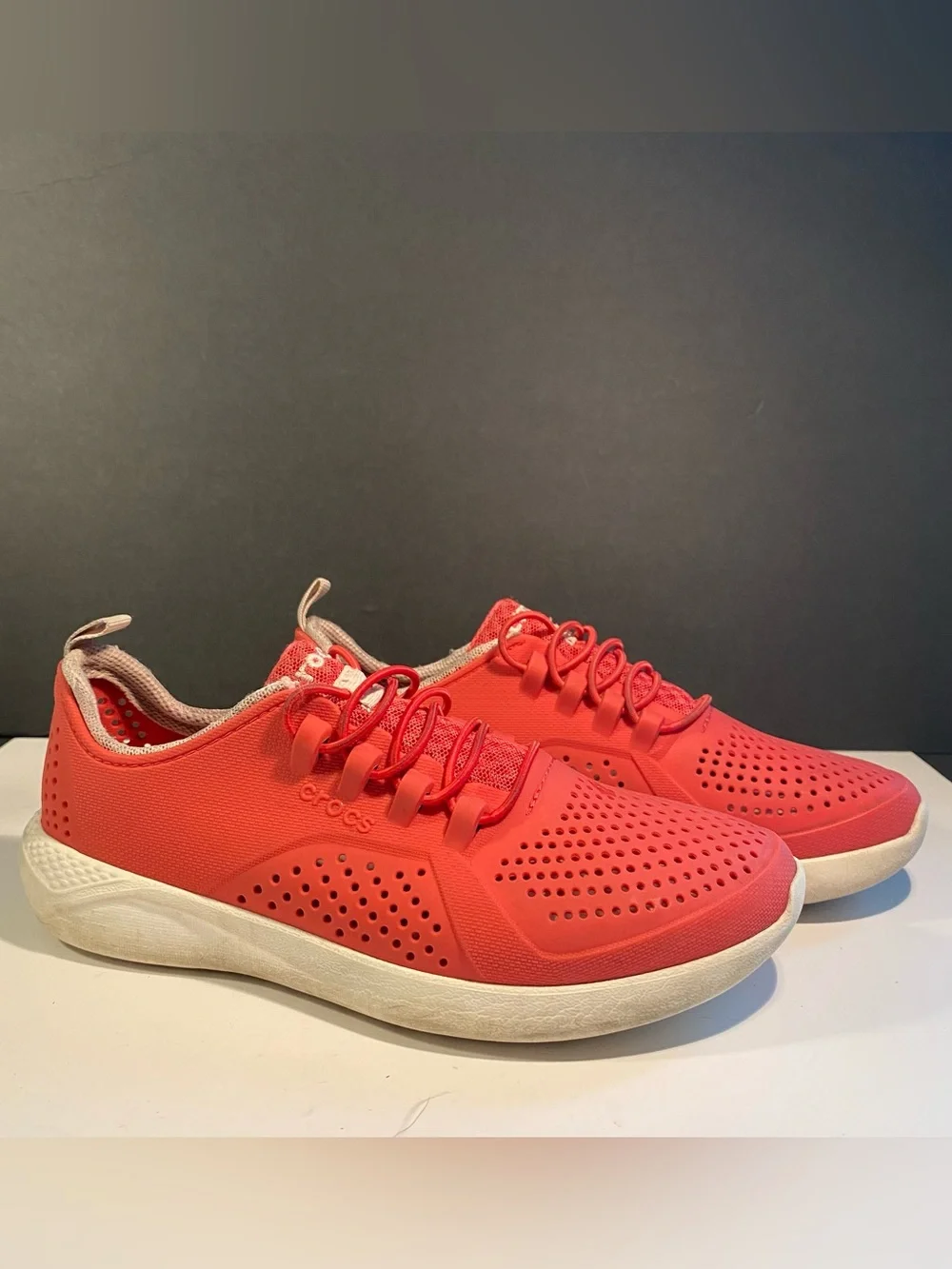 Crocs LiteRide Pacer Coral Red Perforated Athletic Sneakers Kids Size J4